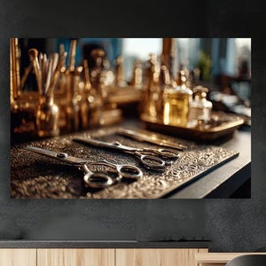 Pode incluir: Close-up de ferramentas de barbeiro, incluindo tesouras, em uma superfície decorativa. A imagem apresenta uma coleção de itens dourados, como frascos e pincéis, criando uma estética vintage. As tesouras são o ponto focal.