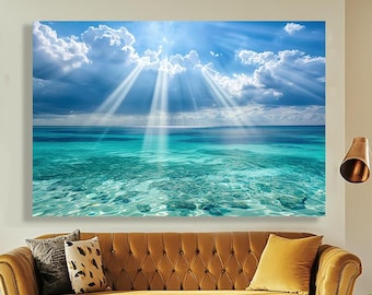 Oceaan canvas muurkunst – kust zonsondergang zeegezicht print, strand muur decor, turkoois waterkunst, nautisch woonkamerkunstwerk