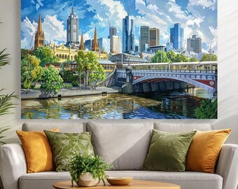 May include: A painting of a cityscape with a bridge over a river. The city is in the background and the bridge is in the foreground. The painting is in a living room setting with a couch, coffee table, and plants.