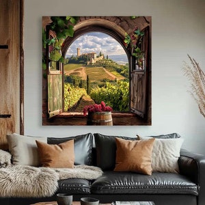 Janela rural com vista para vinhedos, pintura a óleo. Vista da janela de madeira da paisagem toscana, arte de parede. Impressão em tela de vinícola italiana