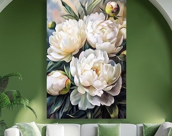 Grote witte pioenrozen, canvasprint. Weelderige delicate bloemen, kunst aan de binnenzijde. Bloem, olieverfschilderij. Botanisch, poster.  Bloemen wanddecoratie