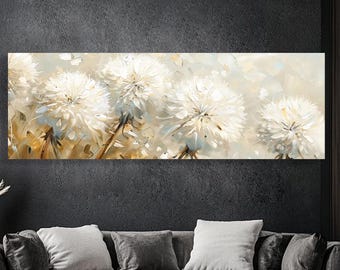 Modern Dandelion Wall Art Print – Neutral Floral Canvas Painting, Beige White Botanical Artwork, Minimalist Living Room Decor