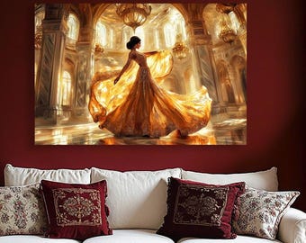 Young indian woman in gold sari, with  flowing skirt, canvas print. Bollywood Female dances in marble palace. Rjasthan folk dancer, wall art