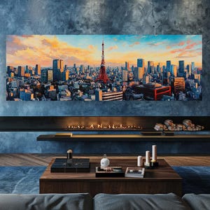 Tokyo Skyline Canvas Art – Vibrant Cityscape with Tokyo Tower at Sunset, Modern Urban Wall Decor for Living Room or Office
