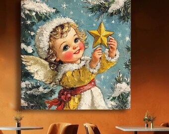 May include: A painting of a young angel with blonde hair and a yellow dress holding a gold star. The angel is surrounded by snow-covered pine branches and a blue sky with white stars.