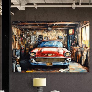 Vintage Red Car Wall Art – Rustic Garage Painting for Retro, Industrial or Man Cave Decor