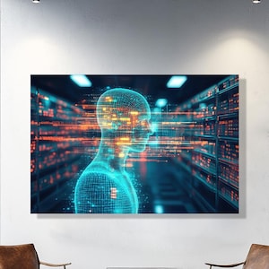 Puede incluir: Una gran impresión rectangular en lienzo que representa una forma humana digital de perfil, renderizada en entramado de alambre azul, superpuesta con flujos de datos naranjas. El fondo muestra una sala de servidores.