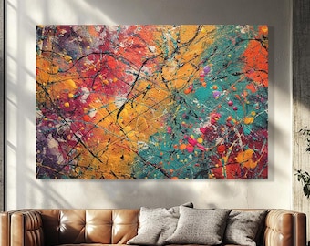 Colorful Abstract Canvas Wall Art – Vibrant Splash Painting with Orange, Teal & Magenta for Modern Living Room Decor