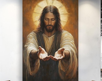Lienzo de Jesucristo: pintura cristiana religiosa con las manos abiertas para la decoración espiritual del hogar y la sala de estar.