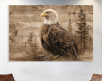Majestic Bald Eagle Canvas Wall Art – Rustic Wildlife Painting on Wood Texture, Nature-Inspired Home and Cabin Décor