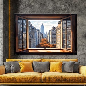 View from wooden window to Modern city high rise buildings landscape, wall art. Open window,  view of New York, canvas print. cityscape USA