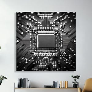 Black and White Microchip Canvas Wall Art – Modern Tech-Inspired Circuit Board Print for Office, Studio, or Gamer Room Decor