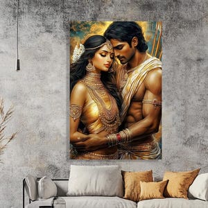 Göttliche Liebe Wandkunst | Rama und Sita Leinwanddruck | Indische Mythologie Paar Dekor | Hinduistisches romantisches Gemälde | Spirituelles Home Dekor