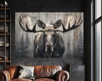 Quadro su tela rustico raffigurante un alce: maestoso dipinto di animali selvatici con sfondo forestale per l'arredamento di lodge, baite o soggiorni rustici.