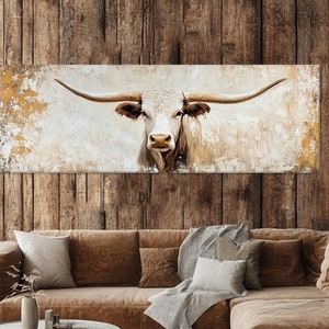 Big Texas Longhorn gegen , Wandkunst. Highland Kühe, Panorama Leinwanddruck. Kühe, Stier mit langen Hörnern, Ölgemälde. Ländlicher Western-Ochse