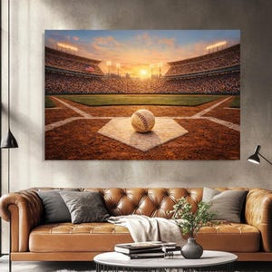 Baseball Field Sunset Canvas Print: A stunning panoramic painting of a stadium at dusk with a baseball on the mound.