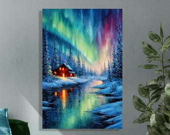 Pode incluir: Uma pintura vibrante retrata uma paisagem de inverno com uma cabana aconchegante iluminada. A cena se passa sob uma aurora boreal colorida, refletida na água calma. Árvores cobertas de neve margeiam as margens, criando uma vista serena e pitoresca.