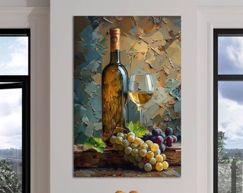 オリジナル油絵：ワインボトル、リンゴ、ブドウの静物画（9.84 x 13.8