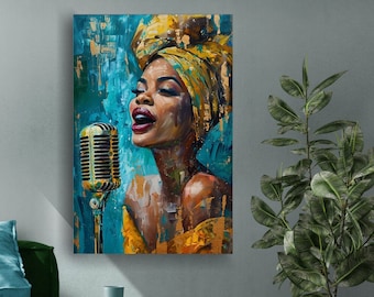 Large Canvas Painting of beautiful afro american woman in yellow ethnic outfit on azur background, Wall Art Portrait of black woman