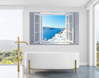 Impression sur toile fenêtre ouverte avec vue panoramique sur la mer de Santorin, art mural paysage marin azur, art mural fausse fenêtre prêt à accrocher, décoration pour la maison