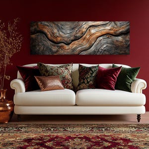 Abstract brown tree, wooden panel panoramic canvas print. Tree cut, carving wood with cracks, oil painting. Wavy wood grain patterns textute