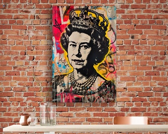 Portrait Elizabeth II Street Art Canvas, Graffiti, Queen of the United Kingdom Wall Art Print, Queen of England Pop Art Canvas Painting