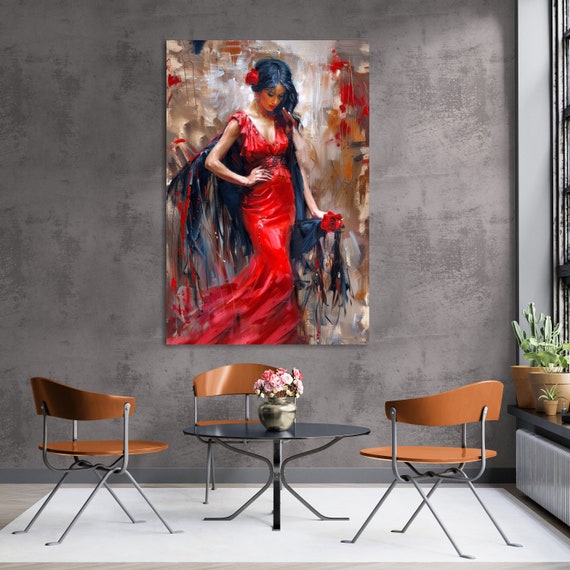 フラメンコダンサーの油絵。髪に赤いバラを飾ったスペイン人女性、表情