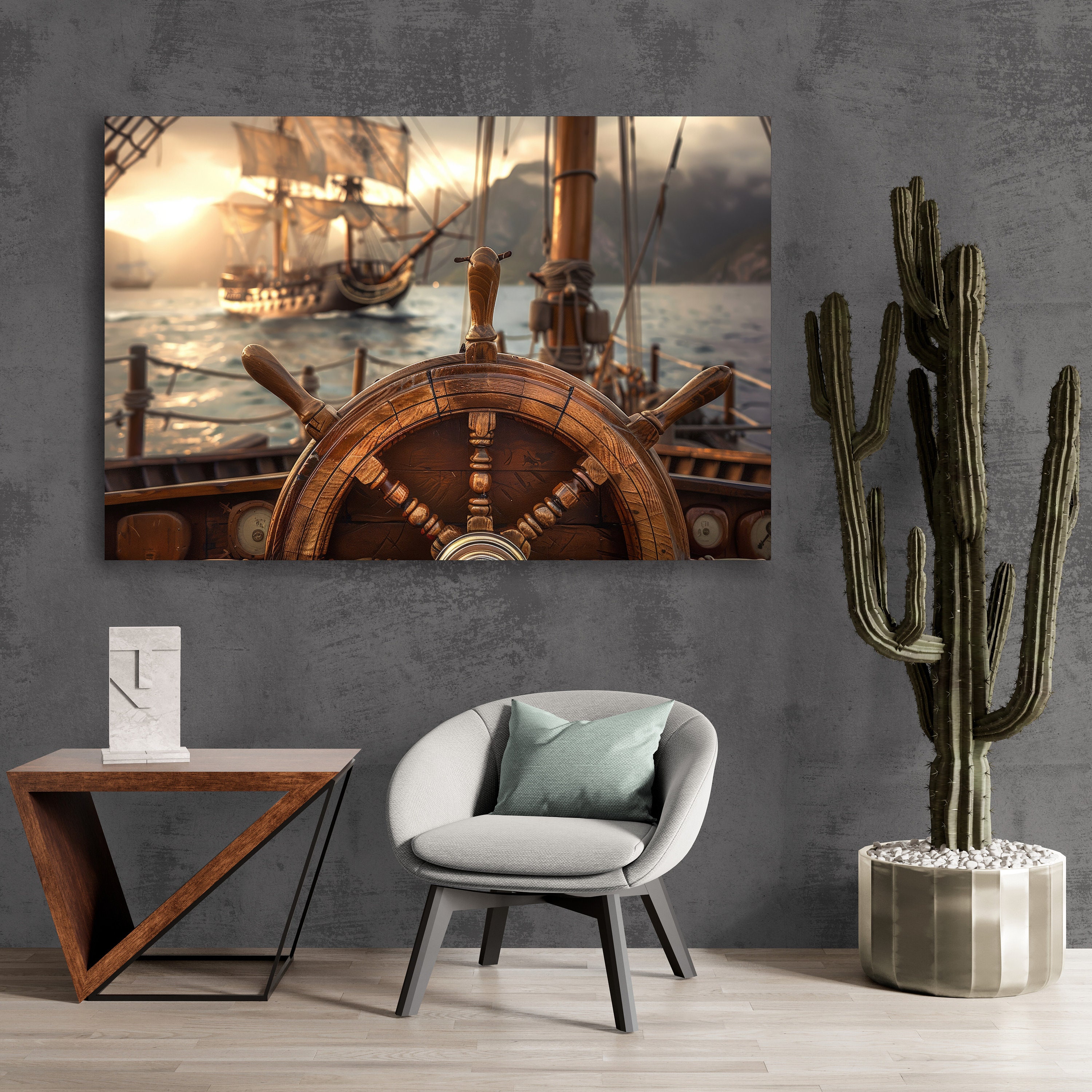 Antic Wooden Steering Wheel of Vessel. Epic Helm of Sailing Yacht, Deck ...