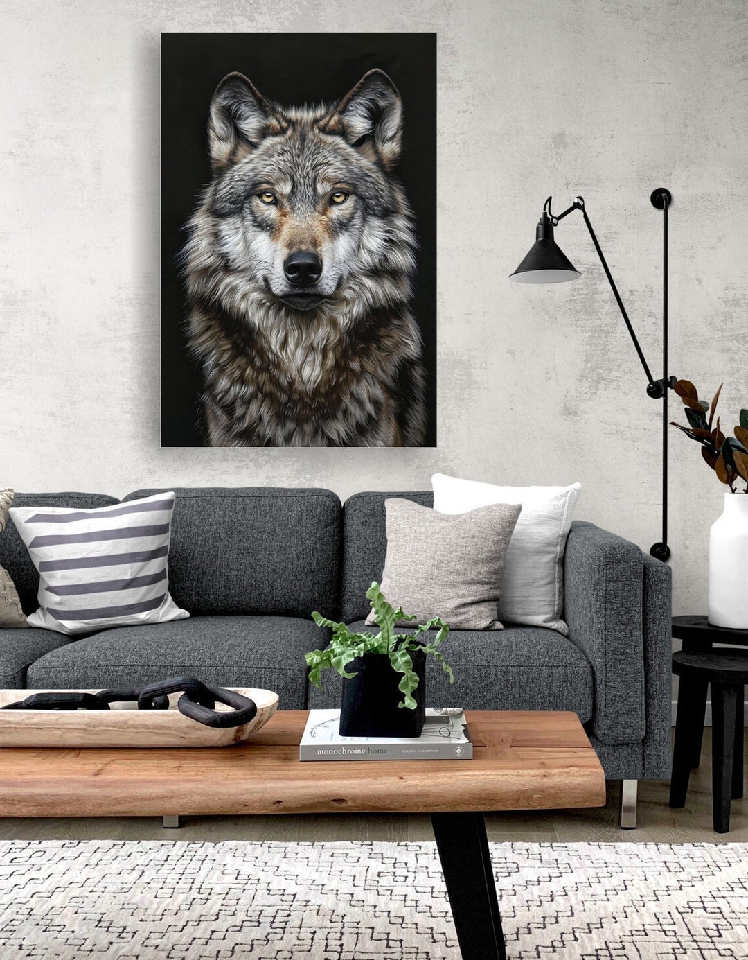 Portrait of Grey Wolf on Black Background, Canvas Print. Mystical Wolf ...