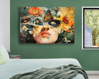 May include: A colorful abstract painting of a woman's face with butterflies and flowers covering her eyes. The painting is done in a vibrant style with a mix of green, orange, yellow, and blue colors.