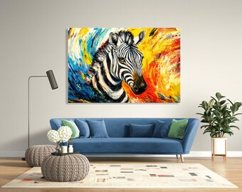 キャンバス プリントアート ゼブラ インテリア 額付き 絵画 カラフルなゼブラキャンバス – 大胆な筆遣いで描かれた抽象的な動物