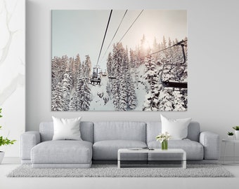 Ski Lift, Modern Wall Art, Mountain Canvas Print,  Skiing home decor, Cable Car big print, Winter, Snow, Fir,  Nature, Conifer, Utility Pole