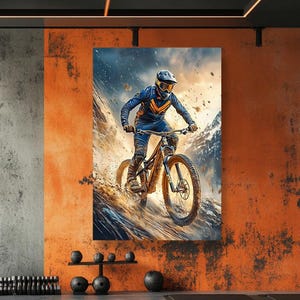 Dynamic image of high-speed racing bicycle on track, oil painting. Mountain Bike, Canvas Print. Extreme sport. Cycling High Mountains