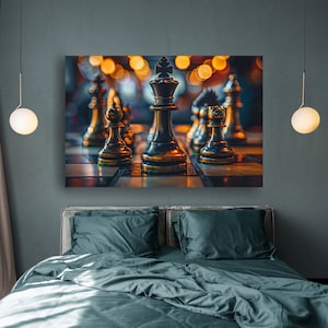 Game Chess Stylish Wall Art , Chess Large Canvas Print, Сhess pieces on Chessboard Canvas, Abstract Chess Painting, Chess Game Stylish Decor