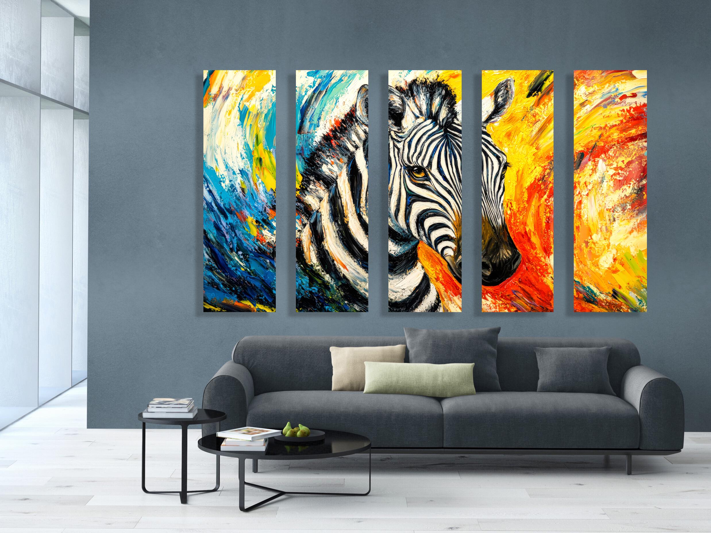 カラフルなゼブラキャンバス – 大胆な筆遣いで描かれた抽象的な動物
