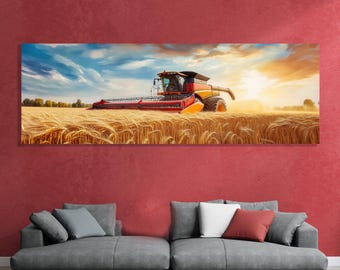 Harvest Combine Canvas Wall Art – Sunset Wheat Field Landscape Print for Farmhouse, Rustic, or Country-Style Decor