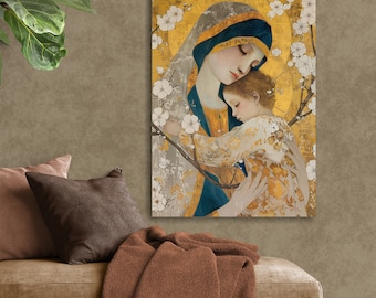 Canvas Blessed Virgin Mary and child Baby Jesus, Religious Artwork, Christian Wall Decor, Ready to Hang, Wall Art for Catholic Home