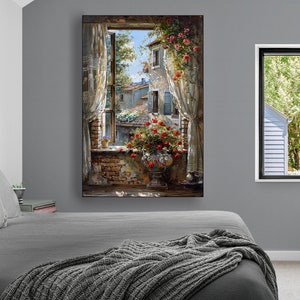 Large Canvas Print, view from a vintage open window, alley of old brick houses, floral still lifes, shining texture, Poster, Wall art decor
