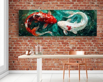 Japanese Koi Carp Canvas Print, Red and White Fish, Ukiyo-e Decor