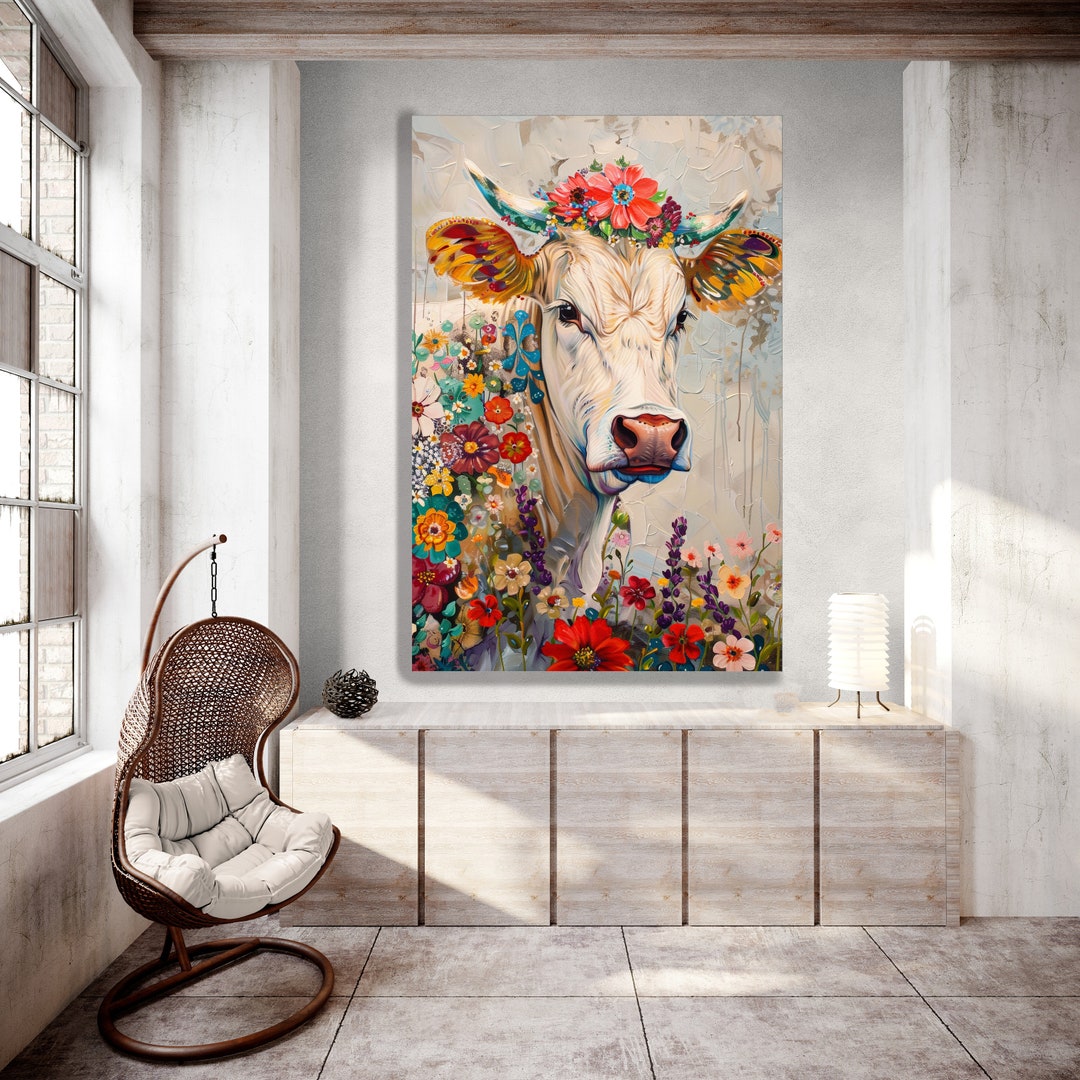 Colorful Cow Canvas Print, Floral Cow Wall Decor, Painting Farm Animal ...