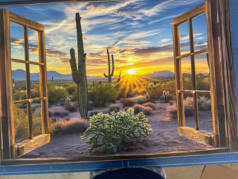 Window Picture Desert View From Wooden Window to Picturesque Desert of USA, Cacti at Dawn ...