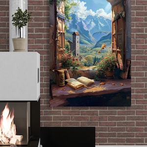 Puede incluir: Una pintura de una ventana abierta con vista a una cordillera montañosa y un pequeño pueblo. La ventana está enmarcada por contraventanas de madera y hay libros y una planta en maceta en el alféizar de la ventana.