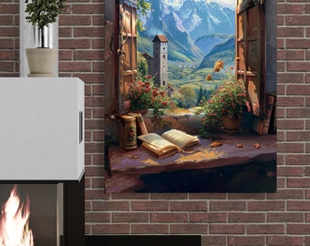 Arched Open  window in castle with book on windowsill, Canvas print with picturesque view of mountains. Wall art ready to hang, Print