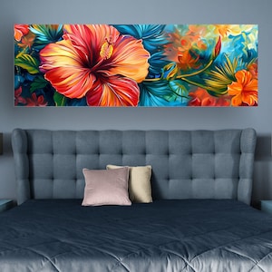 Exotic Flowers Canvas Print , hibiscus Oil Painting Big red,  Room and office Decor, Contemporary Painting, Panoramic Wall Art