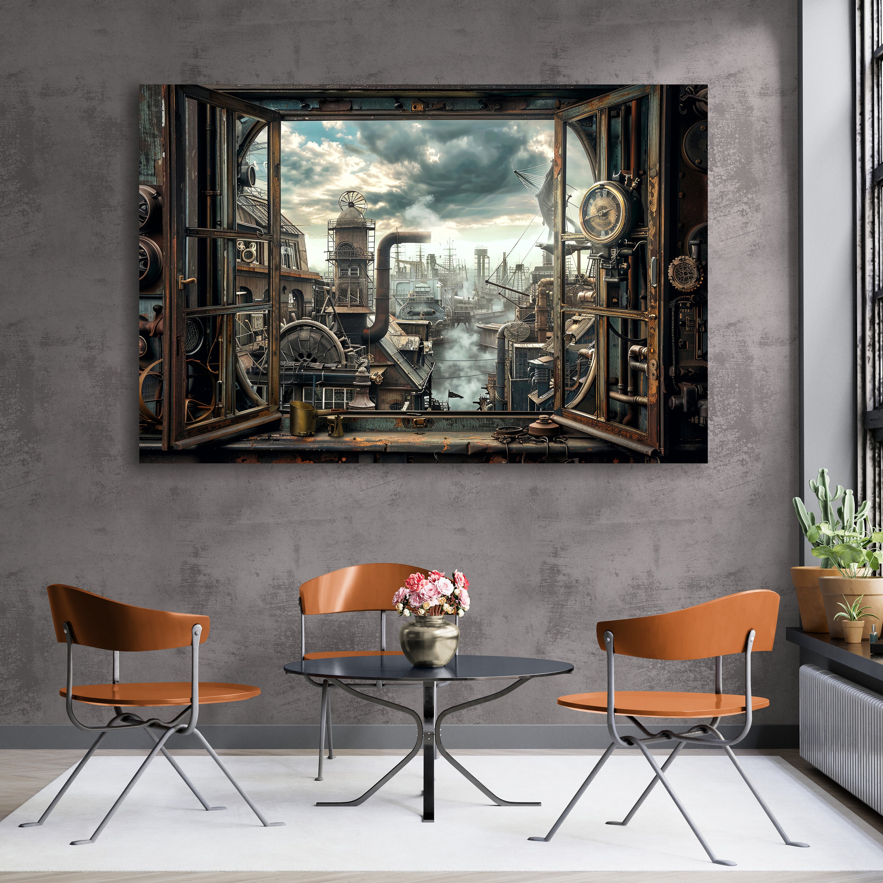 Artificial Window View, Industrial City in Steam Punk Style. Industrial ...
