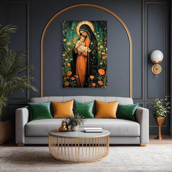Poster Vierge à L'Enfant Jésus Avec Roses - Art Mural Toile, Style Vintage Religieux - Neuf
