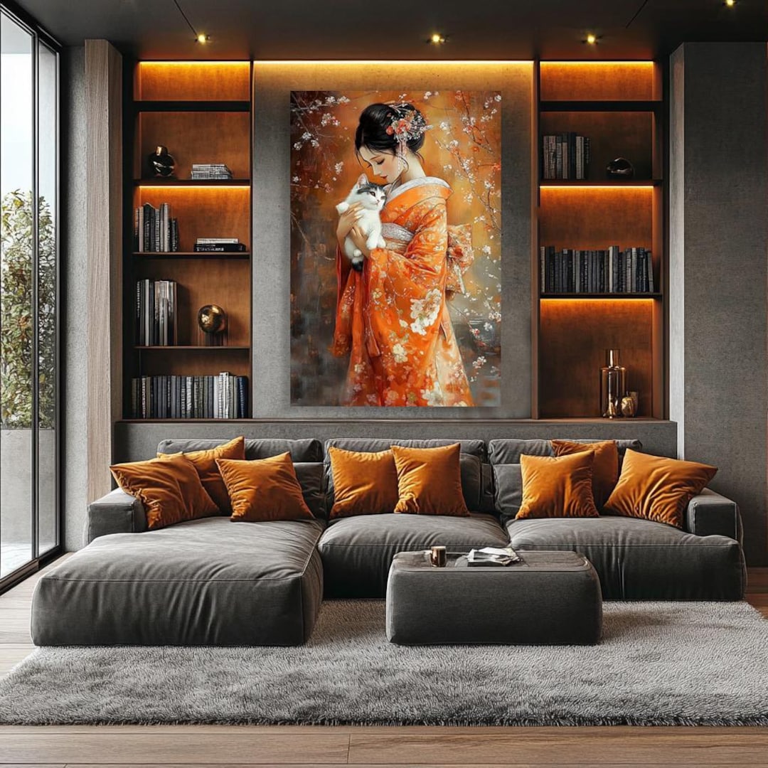 Geisha Wall Art | Japanese Woman With Cat in Orange Kimono | Modern ...