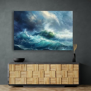 Impresión en lienzo estilo Storm de Aivazovsky, pintura al óleo de océano tormentoso, impresión de arte de pared de paisaje marino, póster de grandes olas del mar azul, pintura de escena marina