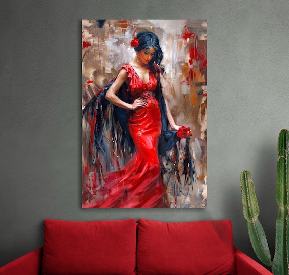 フラメンコダンサーの油絵。髪に赤いバラを飾ったスペイン人女性、表情