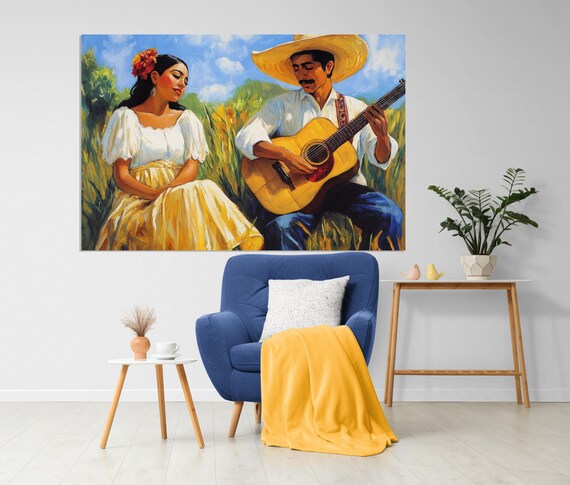 Romantic Mexican Folk Art Canvas – Traditional Guitar Serenade
